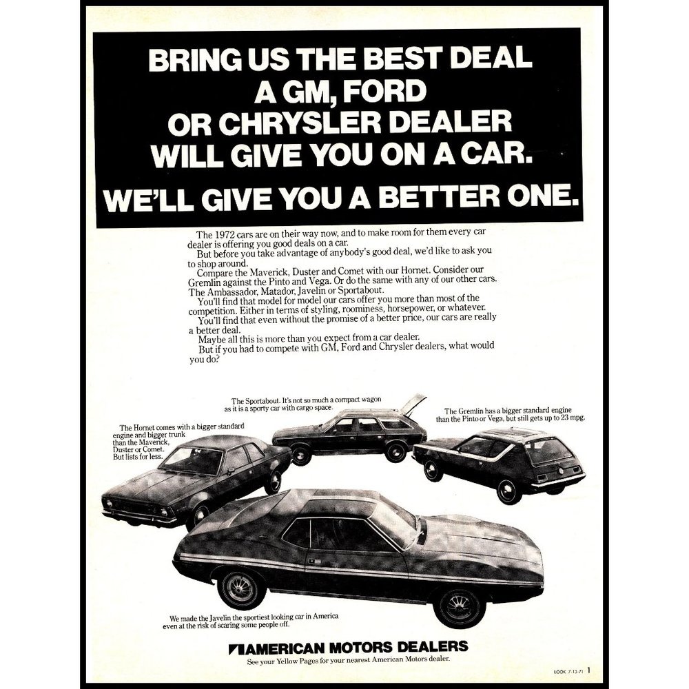 1972 AMC Car Lineup Vintage Print Ad Javelin Gremlin Hornet Sportabout Wall Art